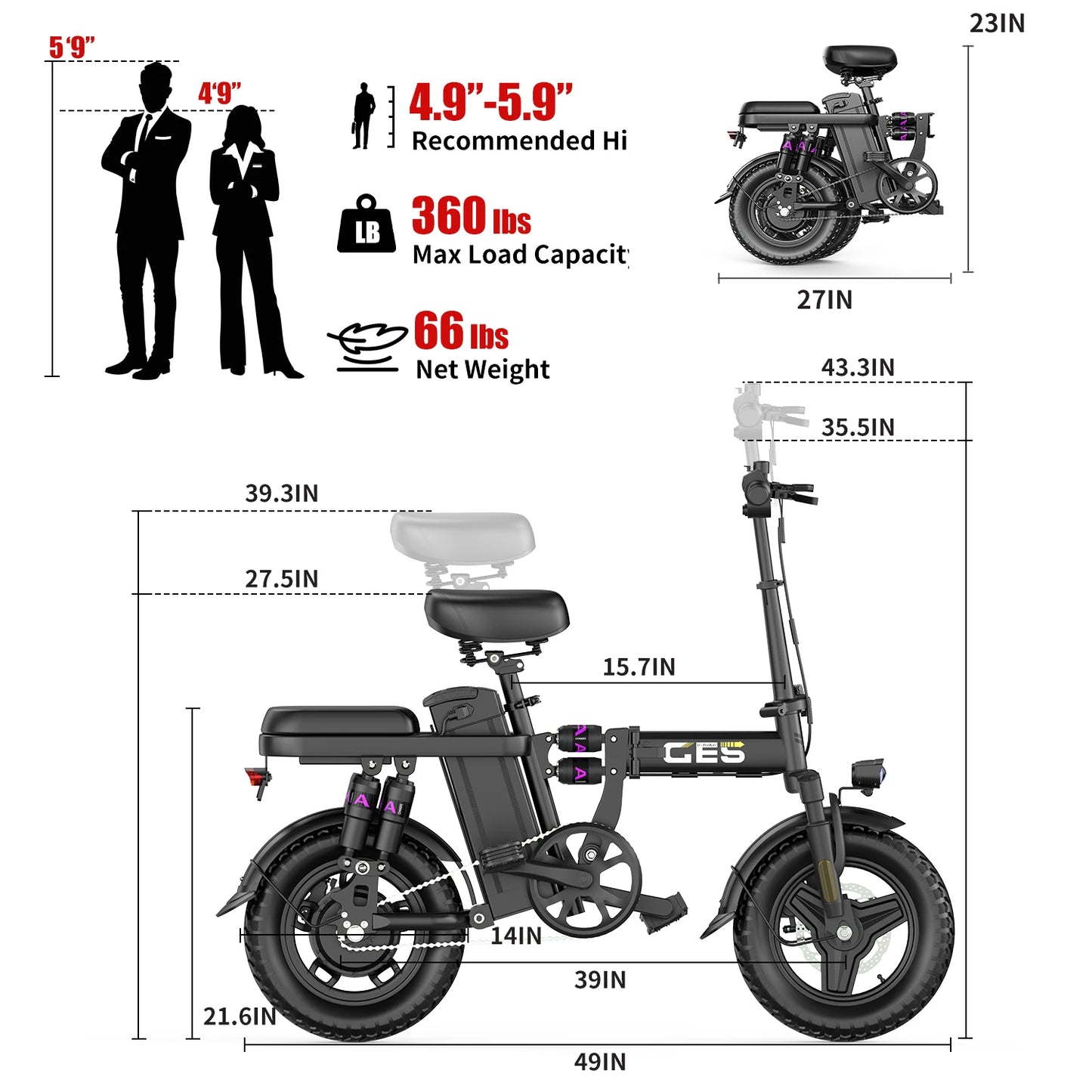UPlee GE5 Electric Bike 500W Folding Removable Battery