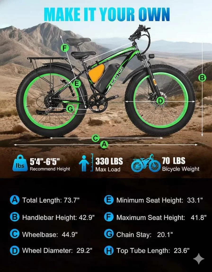 EOEOTWO Fat Tire Electric Bike 48V 20Ah 1000W Peak 1500W