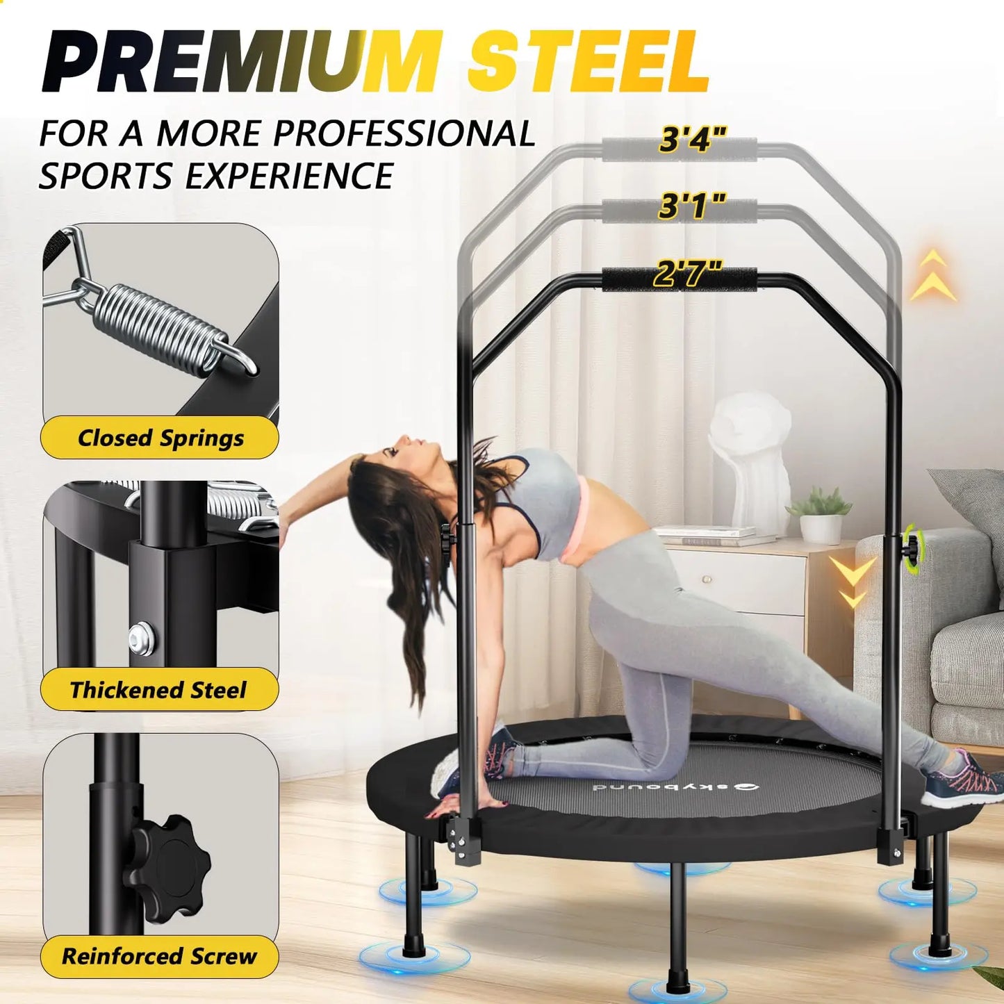 Adult Rebounder Trampoline With Foldable Adjustable U Bar Handle