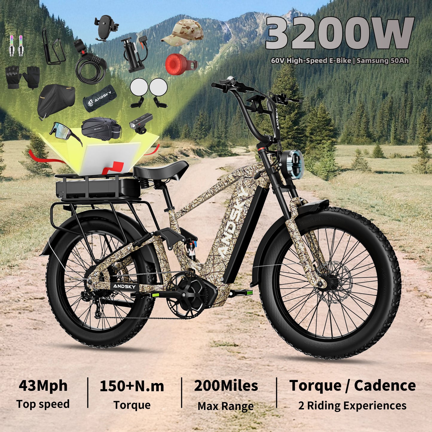 ANDSKY Hyper X Dual Battery 60V 3200W Electric Bike 7Speed