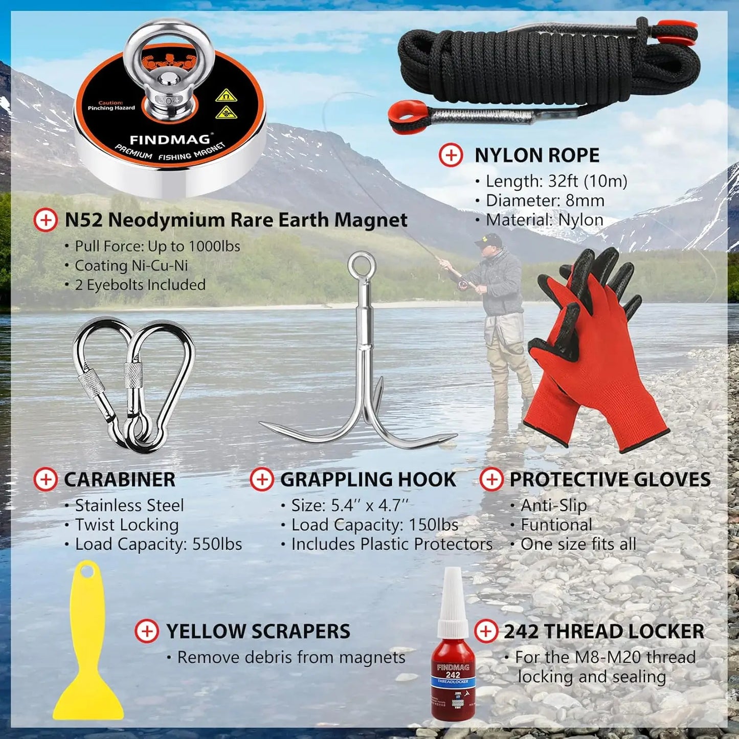 Super Strong 1000 Lbs Fishing Magnet Kit With Waterproof Case