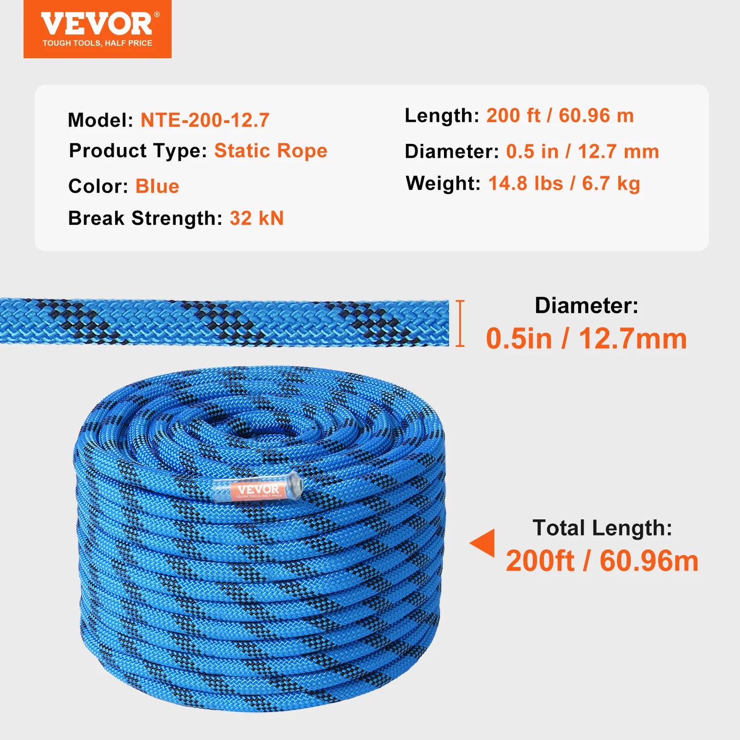 VEVOR Static Climbing Rope for Outdoor Rock Climbing