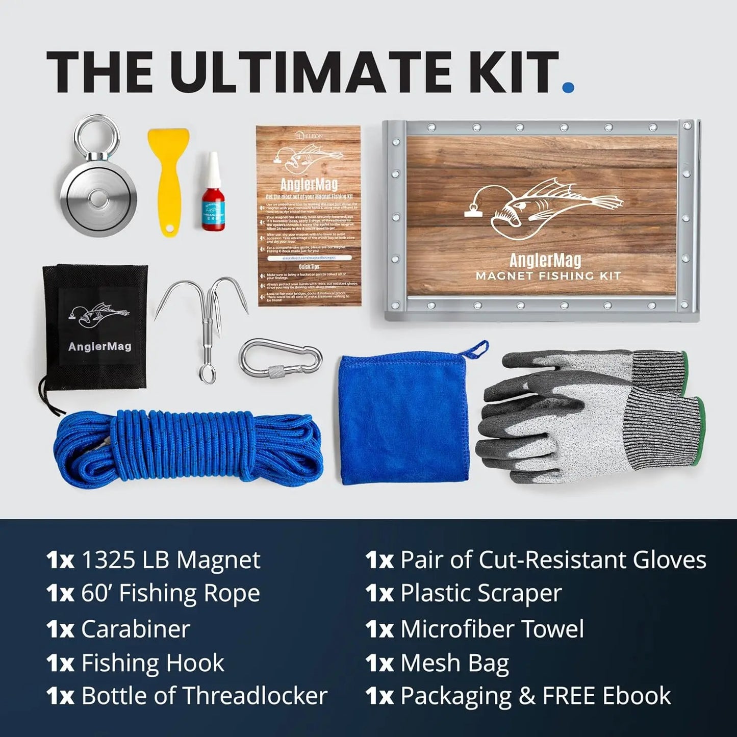 Magnetic Fishing Kit With Rope Carabiner Gloves Hook And Bag