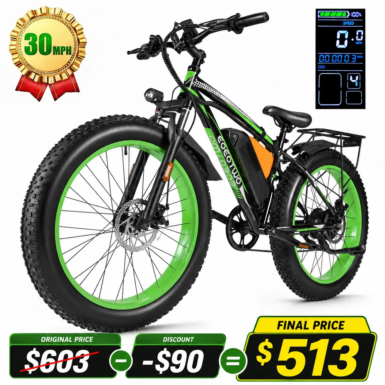 EOEOTWO Fat Tire Electric Bike 48V 20Ah 1000W Peak 1500W
