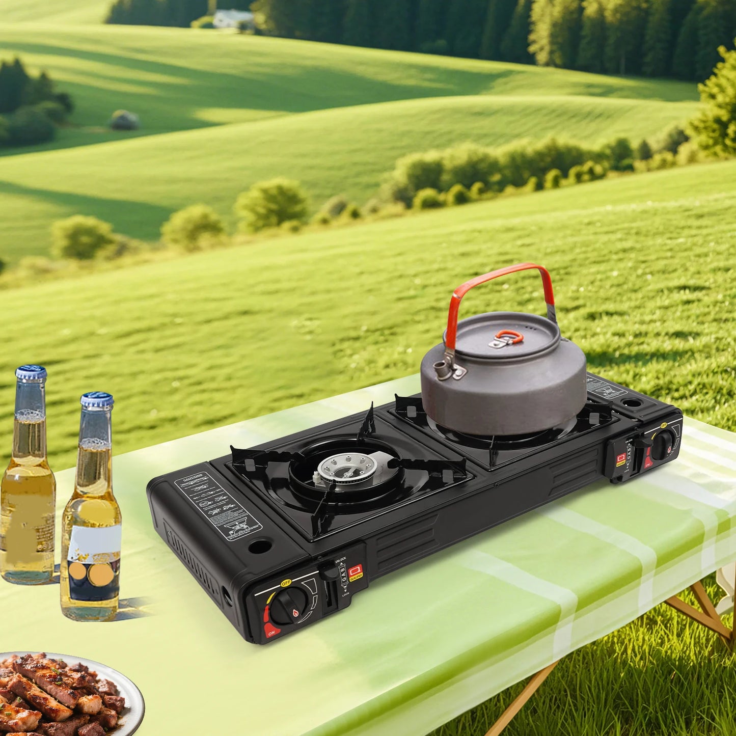 2500W Portable Camping Stove 2 Burner Baking Tray Case