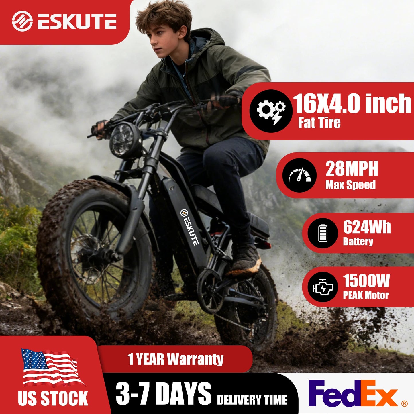 Eskute V100 Electric Bike 1500W Peak Dual Suspension Fat Tire