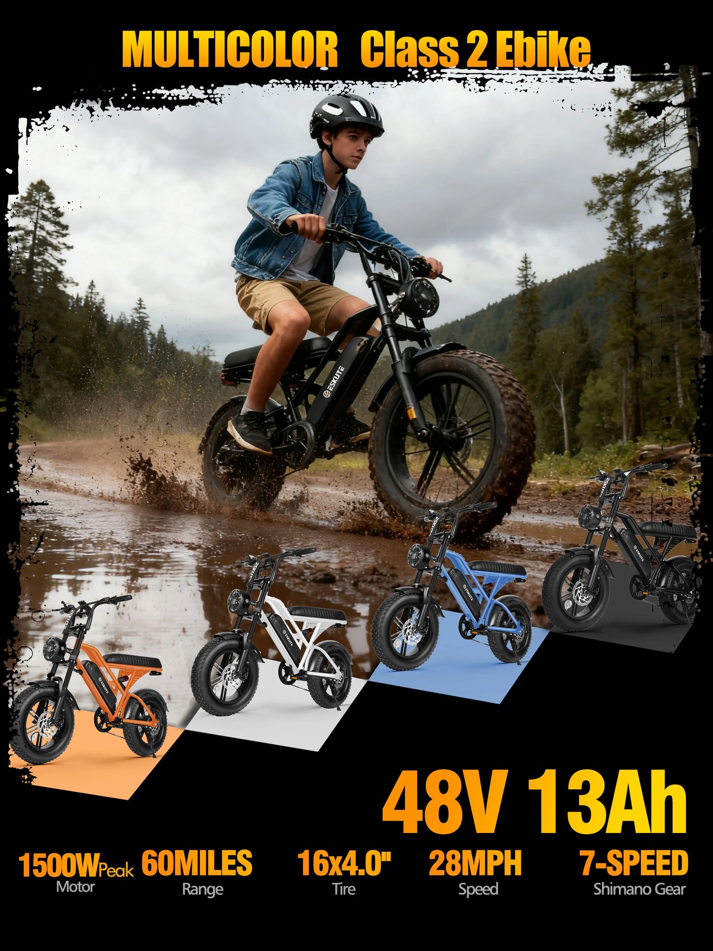 Eskute V100 Electric Bike 1500W Peak Dual Suspension Fat Tire