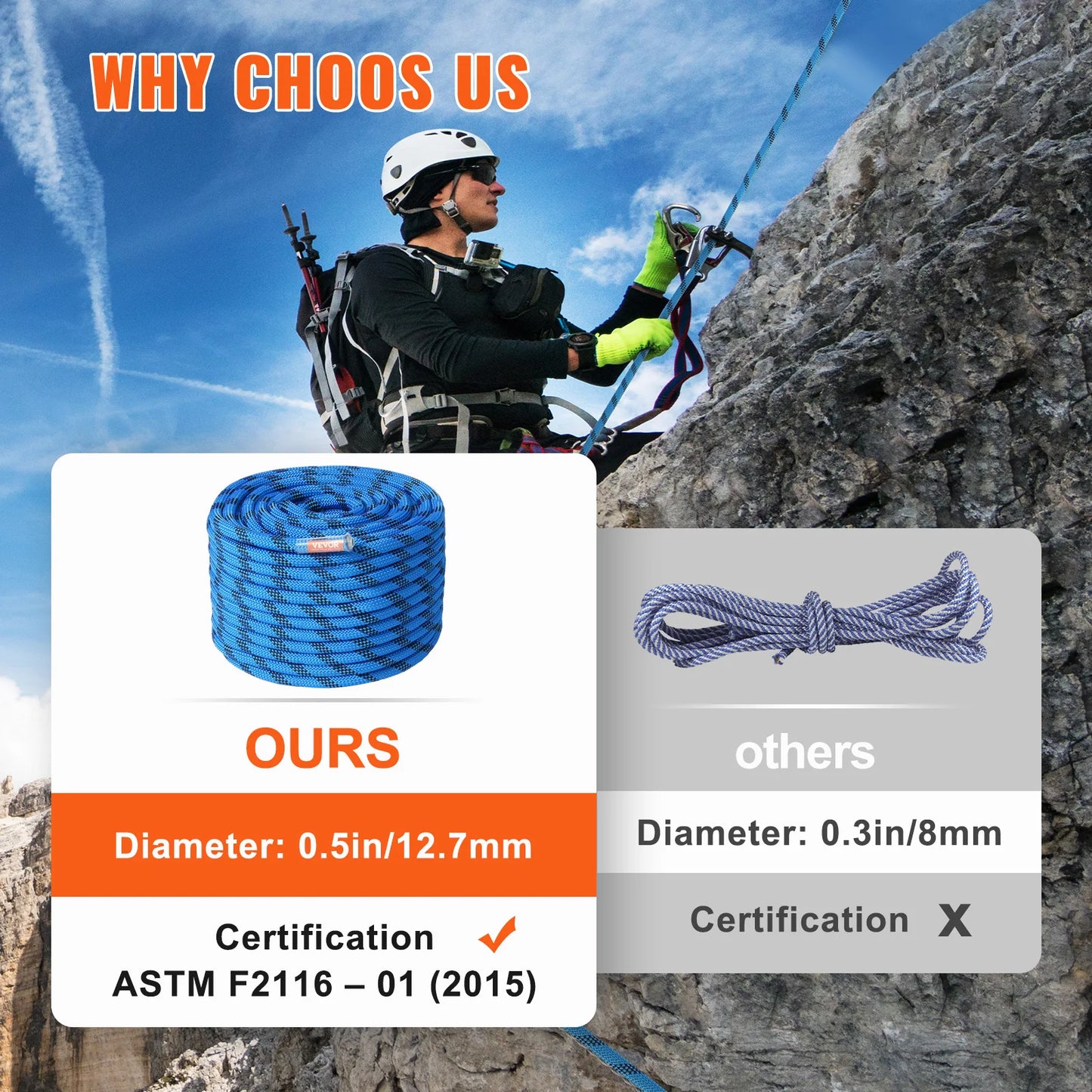 VEVOR Static Climbing Rope for Outdoor Rock Climbing
