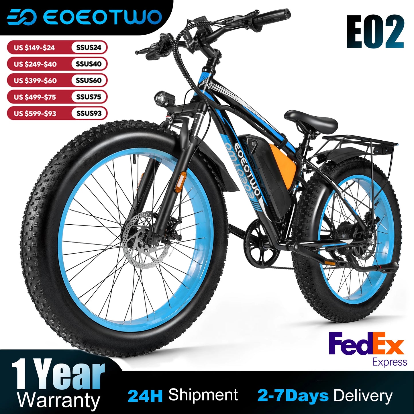 EOEOTWO Electric Bike 1500W Peak Fat Tire 70 Mile Range
