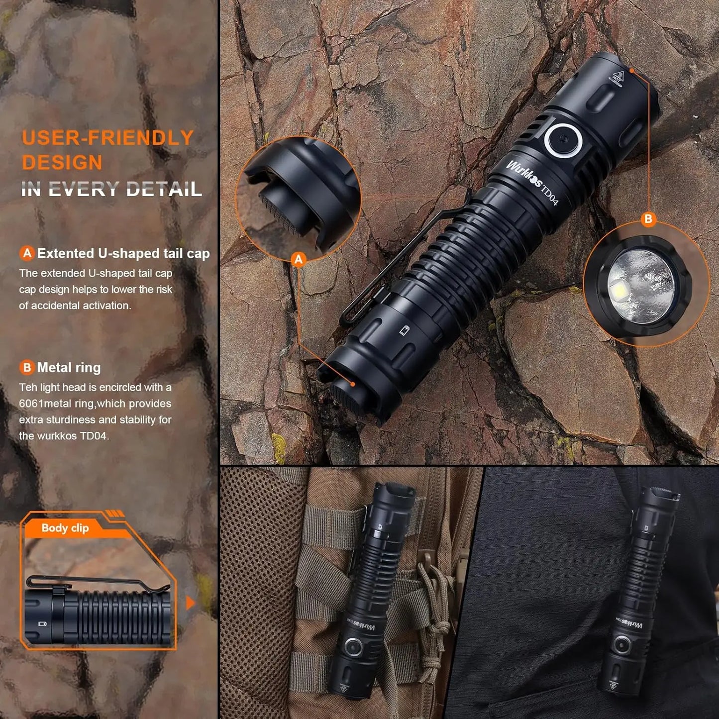 Wurkkos TD04 Flashlight Dual Mode USB C Rechargeable Tactical