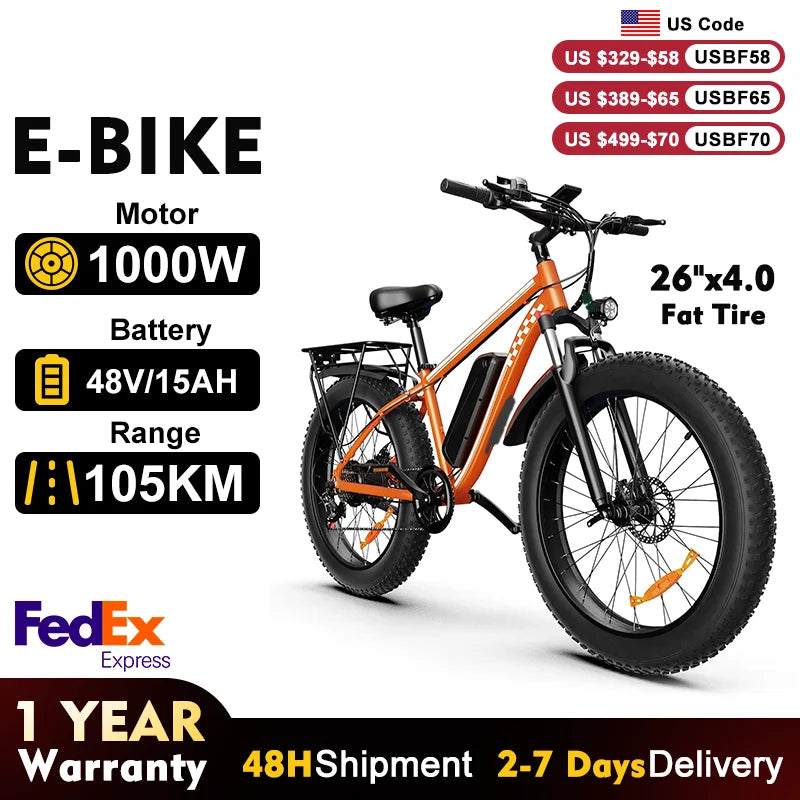 1000W Electric Bike for Adults 48V 15Ah