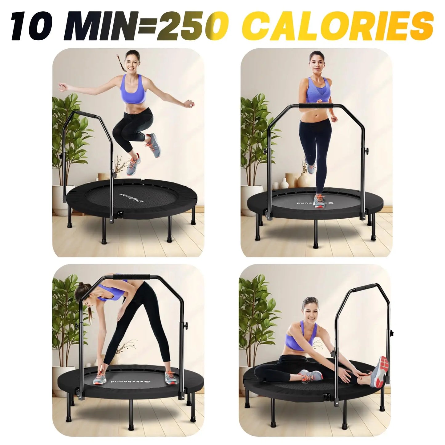 Adult Rebounder Trampoline With Foldable Adjustable U Bar Handle