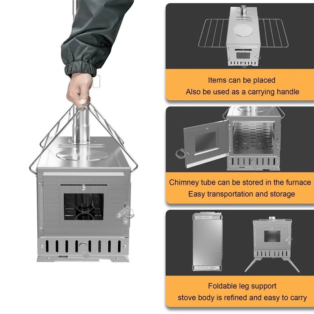 Wood Burning Tent Stove Portable With Stainless Chimney Pipes