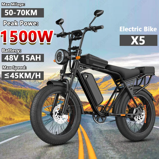 X5 Electric Bike 1500W Peak Power 48V Lithium Battery