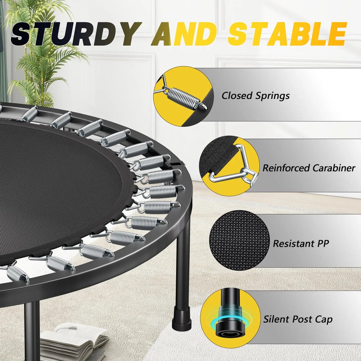 Adult Rebounder Trampoline With Foldable Adjustable U Bar Handle