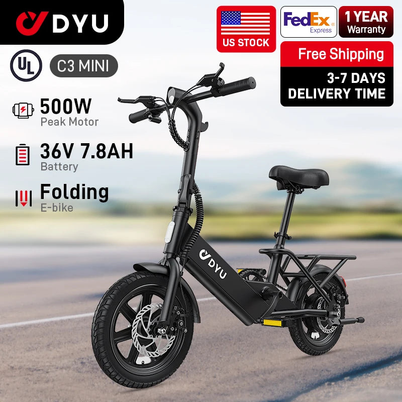 Dyu Folding Electric Bicycle C3 With 500W Peak Motor 280Wh Battery